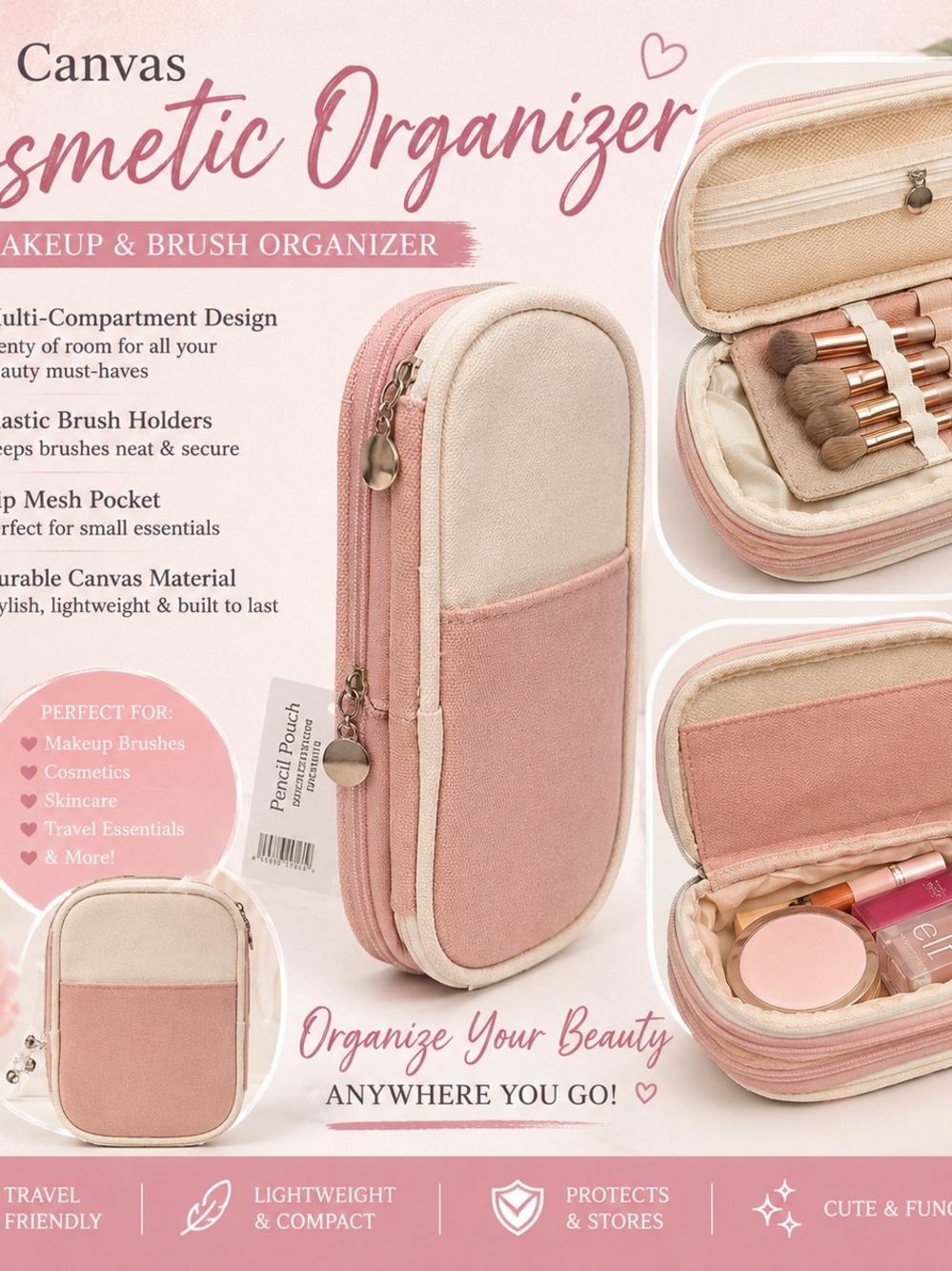 NWT Pink Canvas Cosmetic Organizer Makeup Brush Travel Case | Multi-Compartment